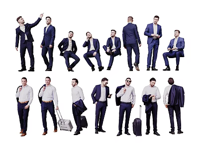 Men in Suits with Various Poses Standing Sitting and Carrying Luggage 3d model
