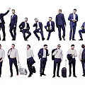 Men in Suits with Various Poses Standing Sitting and Carrying Luggage