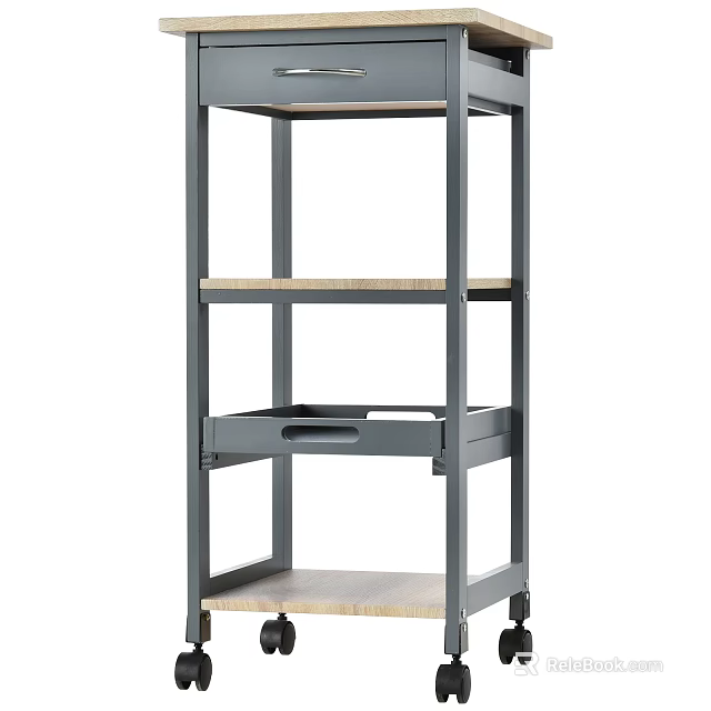 Gray Mobile Storage Cart With Multiple Shelves And Drawer 3d model 