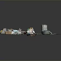 Polluted Landscape with Garbage Plastic Bags Cans Bottles and Turtle Sculpture Made of Trash