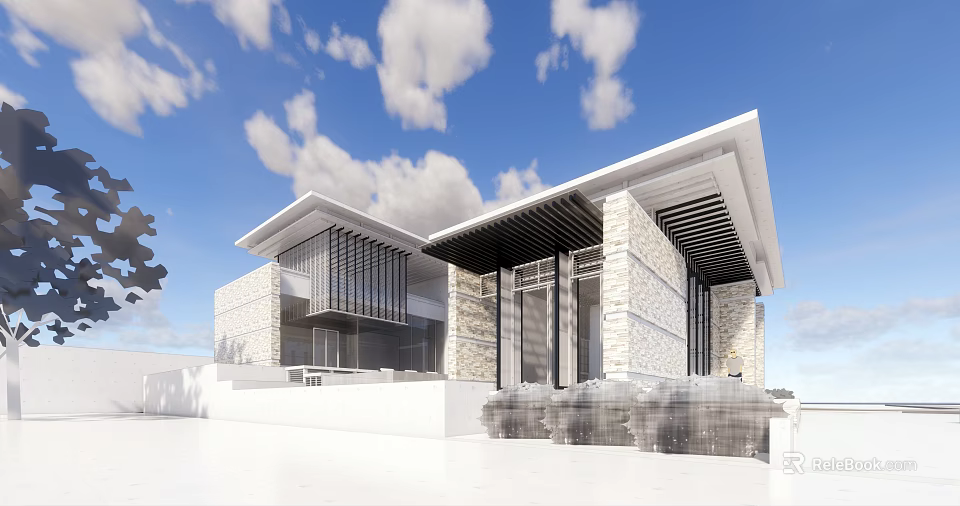 Modern Single Family Villa Exterior With Stone Walls Glass Windows Sloped Roof And Blue Sky 3d model 
