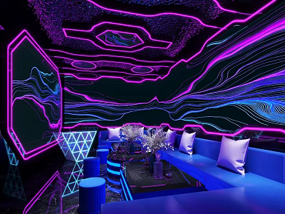 Modern KTV Lounge Interior With Neon Lights Purple Blue Lighting And Sofa Seating 3d model
