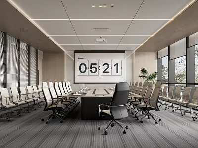 Modern Conference Room Interior Design With Long Table Office Chairs And Digital Clock 3d model