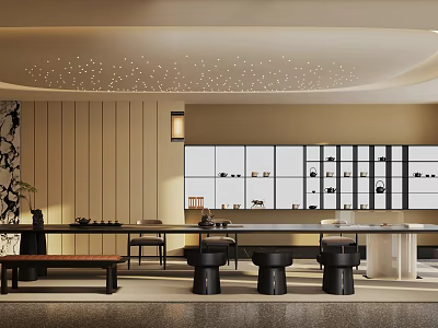 Traditional Tea Room Interior Design With Wooden Tables Seats And Display Shelves 3d model