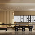 Traditional Tea Room Interior Design With Wooden Tables Seats And Display Shelves