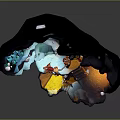 Cartoon Cave Interior with Lighting Colorful Areas Small Structures and Glowing Water