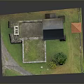 Ancient Stone Building Model With Church Tower Blue And Small Orange Roofs Green Grass Trees