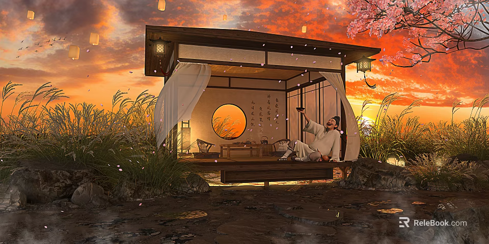 Tranquil Japanese Pavilion With Person In Traditional Attire Cherry Blossom And Sunset Sky 3d model 