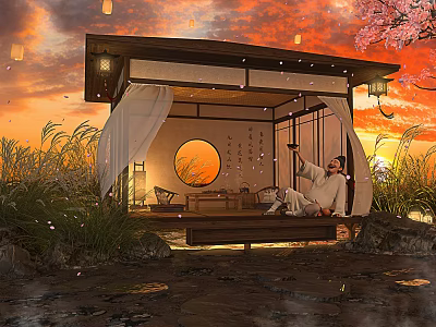 Tranquil Japanese Pavilion With Person In Traditional Attire Cherry Blossom And Sunset Sky 3d model
