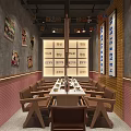 Korean Buffet Restaurant Interior With Colorful Lanterns Wooden Counter And Dining Tables