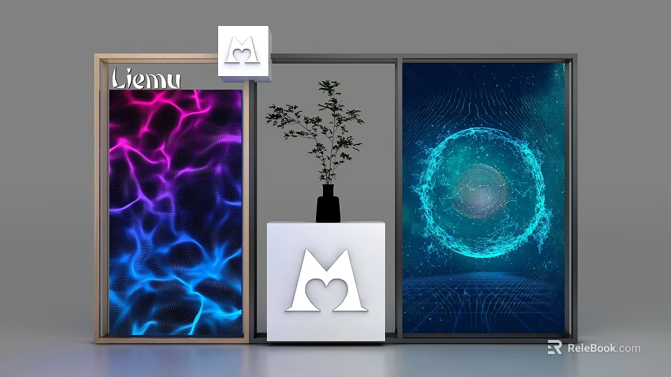 Modern Style Display Shelf With Colorful Decorative Paintings Potted Plant And White Base 3d model 