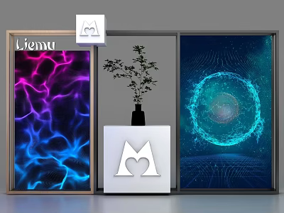 Modern Style Display Shelf With Colorful Decorative Paintings Potted Plant And White Base 3d model