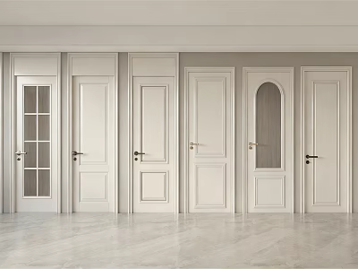 White Swing Doors with Various Panel Designs in Modern Interior Space 3d model
