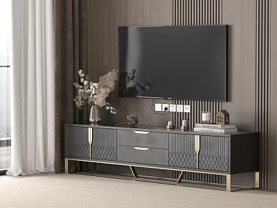 Modern TV Stand With Gold Accents Drawers And Decorative Vase On Striped Wall 3d model