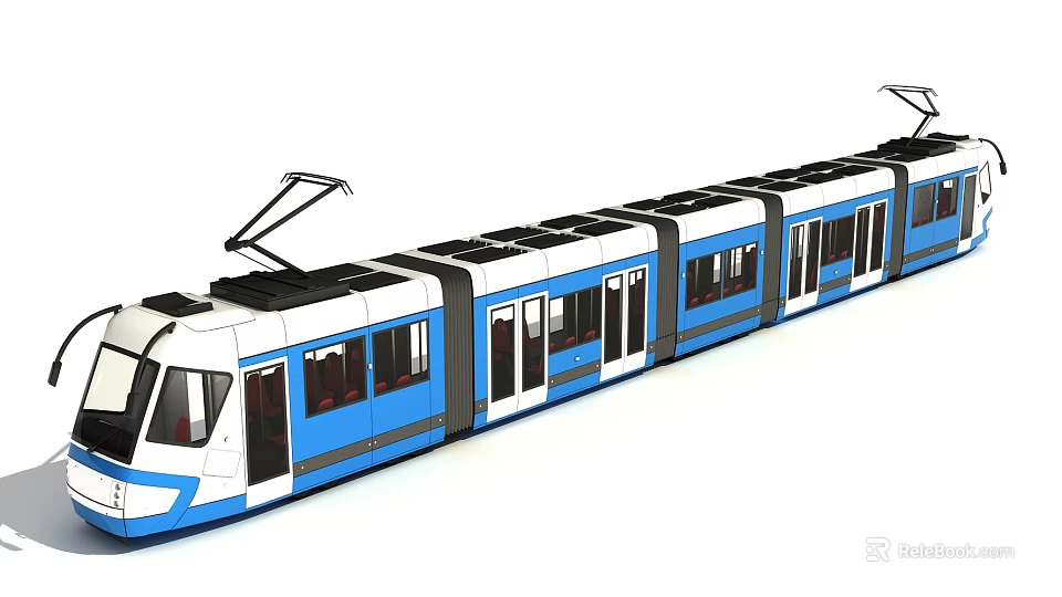 Blue and White Tram with Multiple Carriages Pantograph Windows and Doors 3d model 