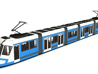 Blue and White Tram with Multiple Carriages Pantograph Windows and Doors 3d model