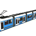 Blue and White Tram with Multiple Carriages Pantograph Windows and Doors