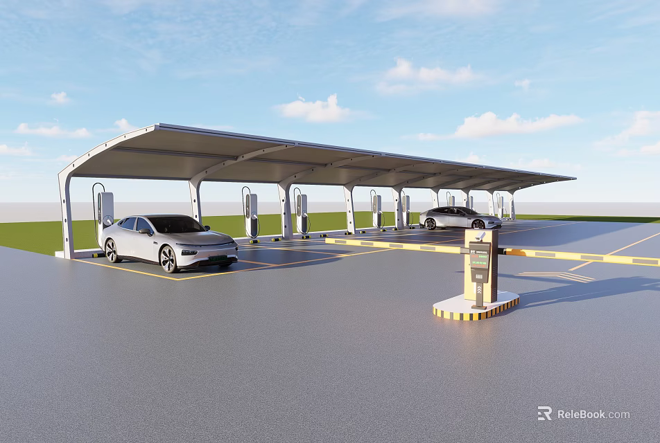 Tensile Membrane Canopy Structure For Electric Vehicle Parking Lot With Charging Stations And Cars 3d model 