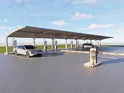 Tensile Membrane Canopy Structure For Electric Vehicle Parking Lot With Charging Stations And Cars 3d model