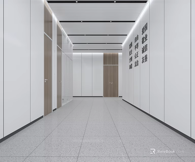 Modern Office Corridor with White Walls Wooden Doors and Gray Floor Tiles 3d model 