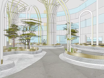 Elegant Modern Interior Space With Arched Structures Circular Platforms And Green Plants 3d model