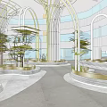 Elegant Modern Interior Space With Arched Structures Circular Platforms And Green Plants 3d model