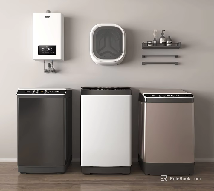 Different Colors Front Loading Washing Machines With Wall Mounted Washer In Laundry Room 3d model 
