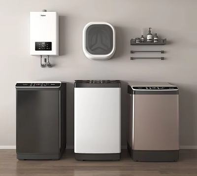Different Colors Front Loading Washing Machines With Wall Mounted Washer In Laundry Room 3d model