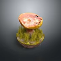 Fresh Orange Red Cap Mushroom With Yellow Edge And Green Grassy Base On Dark Background
