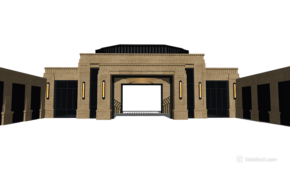 Grand Stone Entrance Gate With Symmetrical Columns Roof Structure And Lighting 3d model 