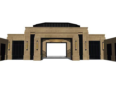 Grand Stone Entrance Gate With Symmetrical Columns Roof Structure And Lighting 3d model