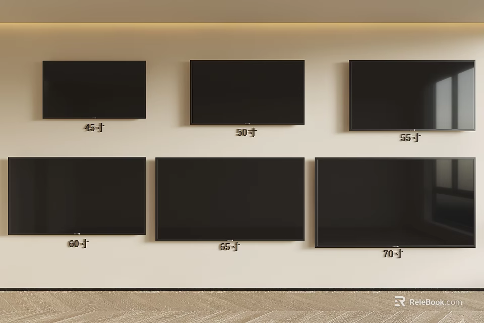 Six Different Size TVs Mounted on Wall with 43 50 55 65 75 Inch Screens 3d model 