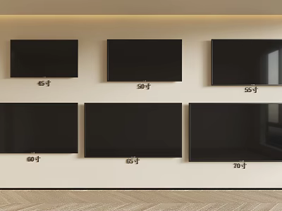 Six Different Size TVs Mounted on Wall with 43 50 55 65 75 Inch Screens 3d model