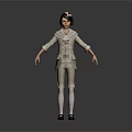 Woman Wearing Light Beige Suit With Bow Tie Standing In Neutral Gray Background