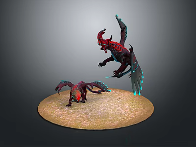 Mythical Winged Dragon Creatures Adult And Juvenile Red Black Hues Luminous Blue Accents On Sandy Base 3d model