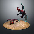 Mythical Winged Dragon Creatures Adult And Juvenile Red Black Hues Luminous Blue Accents On Sandy Base
