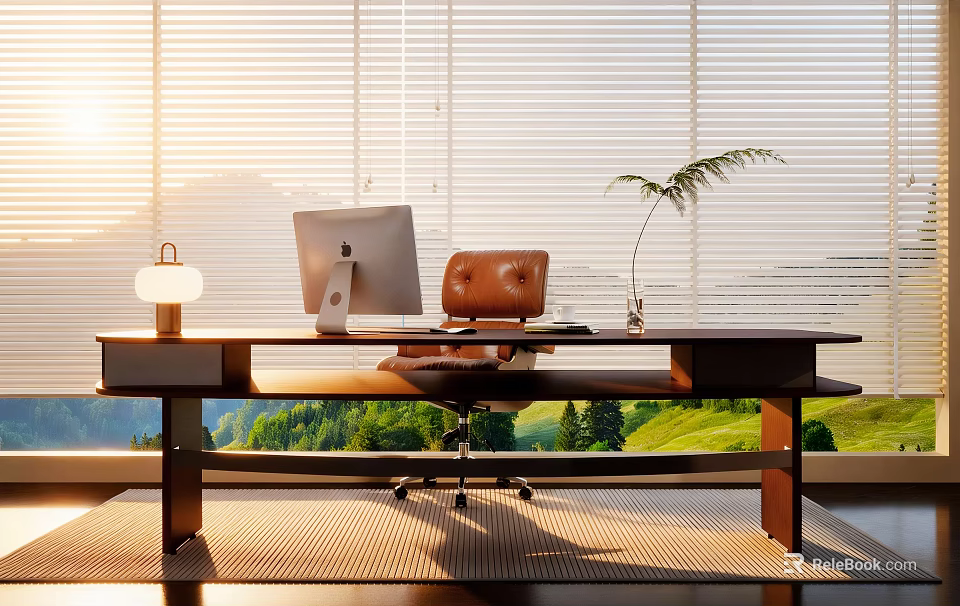 Modern Home Office Desk With iMac Brown Leather Chair Natural Light And Mountain View 3d model 