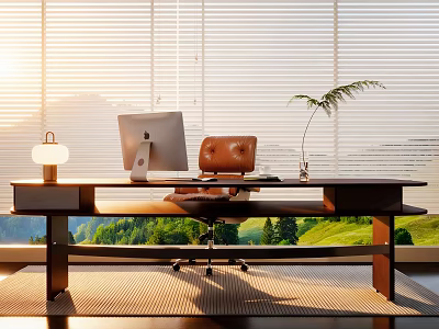 Modern Home Office Desk With iMac Brown Leather Chair Natural Light And Mountain View 3d model