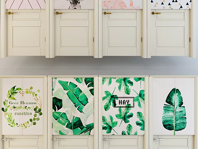 Stylish Modern Kitchen Curtains With Green Leaf Patterns Happy Lettering And Geometric Designs 3d model