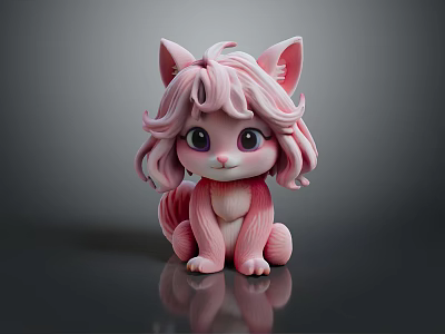 Cute Pink Cat Doll with Curly Hair Big Ears Sitting on Black Surface with Reflection 3d model