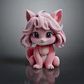 Cute Pink Cat Doll with Curly Hair Big Ears Sitting on Black Surface with Reflection