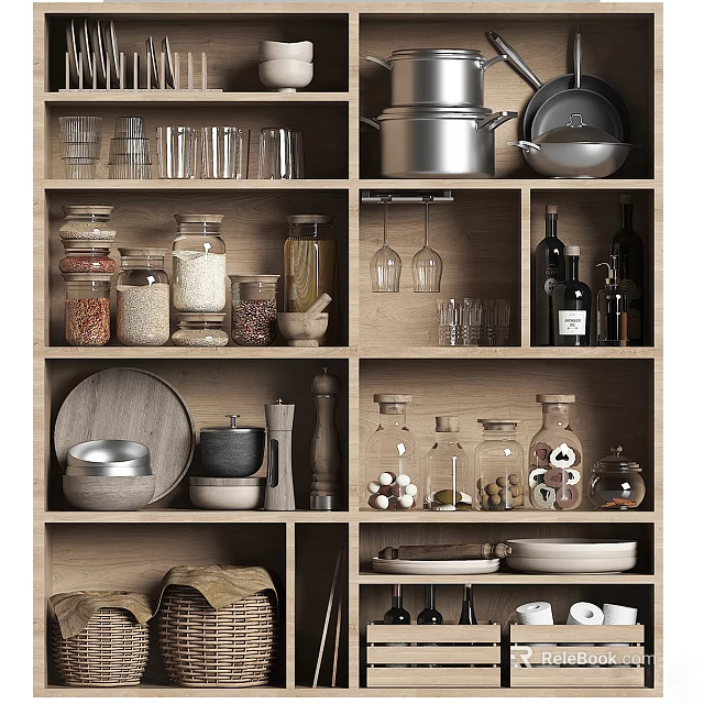 Wooden Sideboard Storage Solution With Glass Jars Dishes Pots And Kitchenware 3d model 
