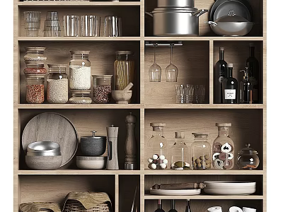 Wooden Sideboard Storage Solution With Glass Jars Dishes Pots And Kitchenware 3d model