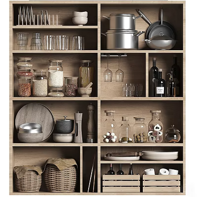 Wooden Sideboard Storage Solution With Glass Jars Dishes Pots And Kitchenware 3d model