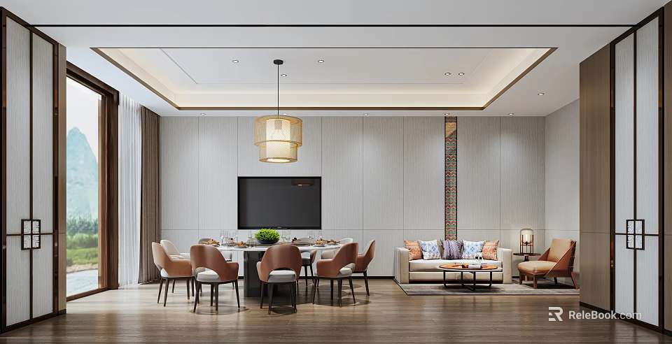 Modern Private Dining Room Interior With Table Chairs TV And Sofa 3d model