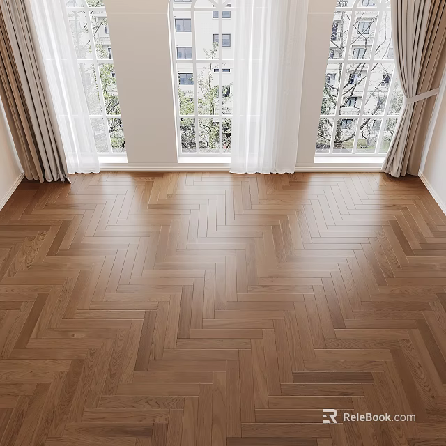 Warm Brown Herringbone Wood Flooring In Bright Interior With White Curtains And Windows 3d model 