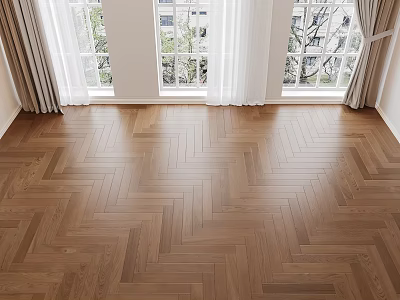 Warm Brown Herringbone Wood Flooring In Bright Interior With White Curtains And Windows 3d model