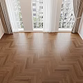 Warm Brown Herringbone Wood Flooring In Bright Interior With White Curtains And Windows