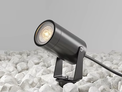 Black Outdoor Light with Round Head Warm Yellow Glow Fixed on White Pebbles Base 3d model