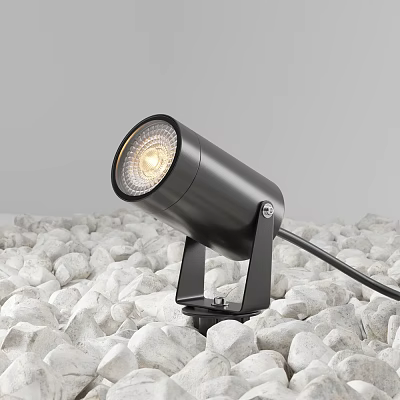 Black Outdoor Light with Round Head Warm Yellow Glow Fixed on White Pebbles Base 3d model